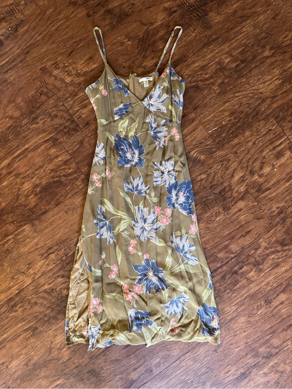 AMUSE SOCIETY Floral Slip Dress in Olive with Blue Blooms